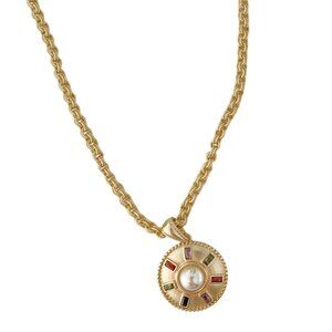 SATIN GOLD PENDANT NECKLACE WITH PEARL CENTER AND MULTI COLOR CRYSTAL ACCENTS